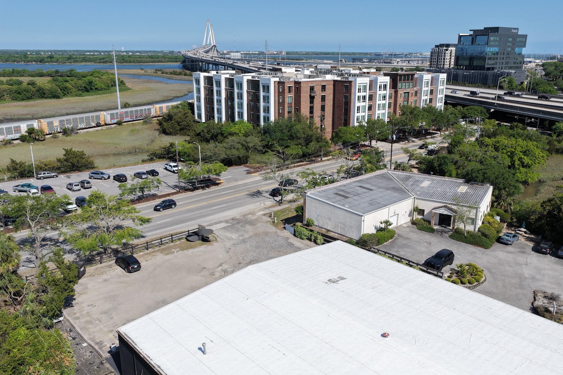 Exterior Genie commercial flat roof project near the Ravenel Bridge, Charleston SC